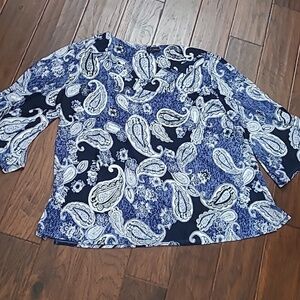 New Directions Navy Blue & White Paisley Print V-neck Blouse size 3X